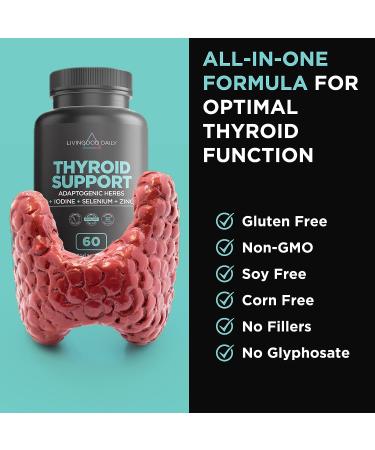 Livingood Daily Natural Thyroid Support - Thyroid Supplement with Ashwagandha, Iodine, Selenium & More - 60 Capsules - Buy Online on GoSupps.com