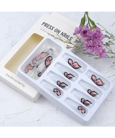 24Pcs Pink Butterfly Press on Nails - Exquisite Design Full Cover Acrylic Nails for Women - Spring Nail Art Decorations - Buy Online on GoSupps.com