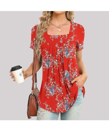 Women's Square Neck Floral Print Tee - Red | Casual Loose Fit Blouse - Buy Online on GoSupps.com