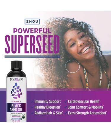Zhou Nutrition Organic 100% Pure Virgin Black Seed Oil - Cold Pressed 8 fl oz | Premium Health Benefits - Buy Online on GoSupps.com