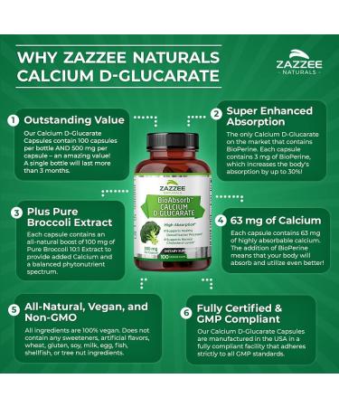 Zazzee BioAbsorb Calcium D-Glucarate 500mg Capsules with BioPerine & Broccoli Extract - Vegan, Non-GMO - Buy Online on GoSupps.com