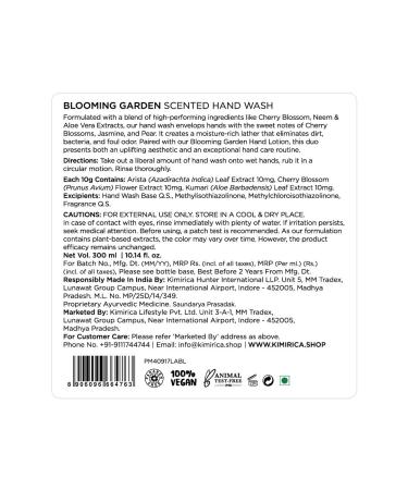 Kimirica Blooming Garden Scented Hand Wash | Enriched with Cherry Blossom Neem & Aloe Vera | Gentle & Moisturizing | Luxurious Fragrance for Soft Nourished Hands | 10.14 Fl Oz (300ml) - Buy Online on GoSupps.com