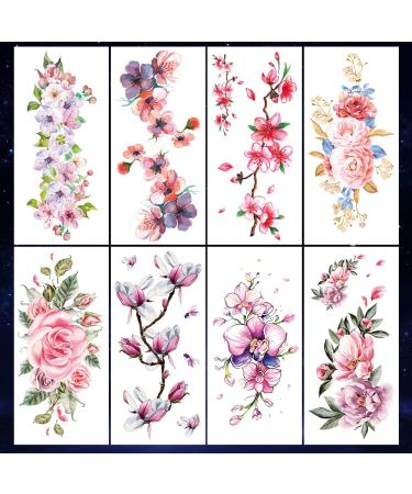Oottati 8 Sheets Pink Flower Rose Waterproof Temporary Tattoo Stickers | Stylish & Long-Lasting Arm Jewelry for Women - Buy Online on GoSupps.com