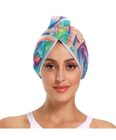 Cartoon Rainbow Mermaid Hair Towel 2 Pack Super Absorbent Hair Drying Towel Quick Dry Hair Turbans Head Towel with Button Twisty Wrap for Women Girls