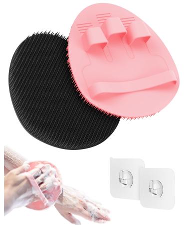 ManmiHealth Soft Silicone Shower Brush  Super-Lathering and Deep-Cleaning Body & Face Scrubber  Gentle Exfoliating Bath Glove for All Skin Types  with 2 Free Hooks.(Black + Pink) Black+pink