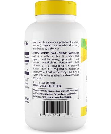 Healthy Origins Vitamin B5 Pantothenic Acid 500mg Vegan Capsules - 240 Count | Energy Boost & Metabolism Support | Acne Supplement for Skin Care | High Strength Formula - Buy Online on GoSupps.com