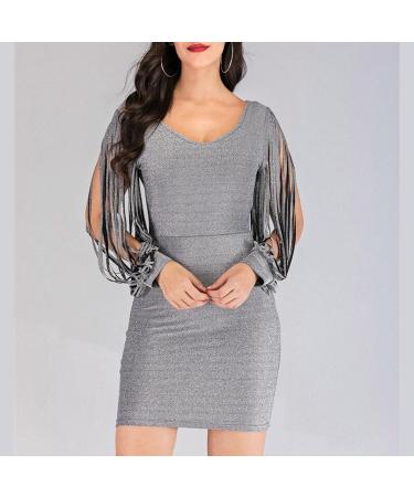 Elegant Silver Party Dress for Women | V-Neck 3/4 Hollow Sleeves | Formal Cocktail Dress XL - Buy Online on GoSupps.com
