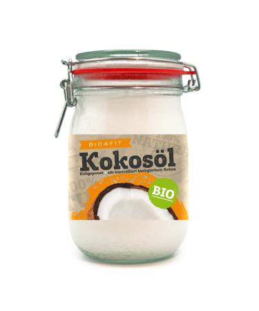 Bio4fit organic coconut oil native in the glass 1kg organic coconut fat coconut oil premium native cold -pressed raw food quality pure (1000ml) - for cooking roasting and baking for hair and skin (bracket glass) 1 l (1 Pack)