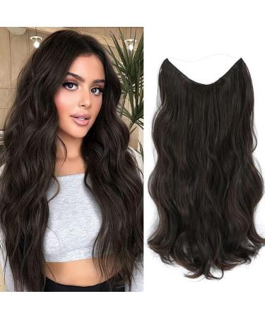 One piece Invisible Wire Hair Extensions Clip in Natural Wavy Synthetic Hair Extension with Transparent Wire Adjustable Size 2 Secure Clips Headband Long Curly Secret Hair Pieces for Women 20inch Dark Brown