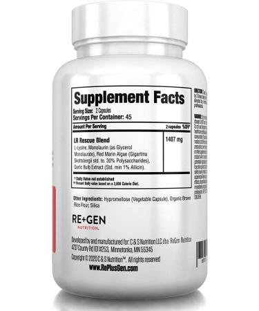 L Lysine Rescue Supplement - Immune Support with Monolaurin, Red Marine Algae & Allicin - 1400mg, 90 Capsules - Buy Online on GoSupps.com