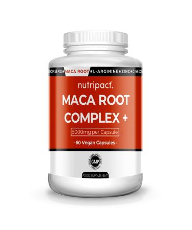 Maca Root Capsules 5000mg with L Arginine Zinc Ginkgo Biloba Korean Ginseng Fenugreek Vitamin D3 Black Pepper High Strength Black Maca Lepidium Meyenii For Men & Women 60 Vegan Capsules