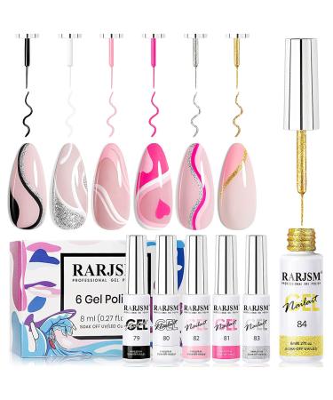 RARJSM Gel Liner Nail Art Polish Set of 6pcs Popular Color Black White Pink Rose Red Glitter Silver Gold Curing Requires Soak off 8ml Build in Thin Nail Sharp Brush for Home DIY Salon Nail Design Basic Color Set - Buy Online on GoSupps.com
