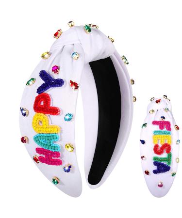 YAHPERN Mexican Headband for Women Cinco De Mayo Headband Beaded Fiesta Knotted Headband Embellished Rhinestone Crystal Wide Top Knot Headband Mexican Holiday Hair Accessory (White 2)