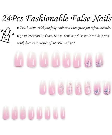 Pink White Glitter Coffin False Nails - 24Pcs Press on Nails for Women/Girls with Nail Glue - Gradient Glitter Nail Tips for Nail Art - Buy Online on GoSupps.com