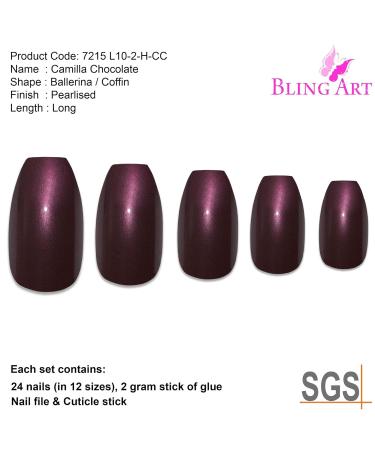 Bling Art Brown Pearlescent Coffin False Nails - 24 Long Artificial Ballerina Nails with Glue for Stunning Manicure - Buy Online on GoSupps.com