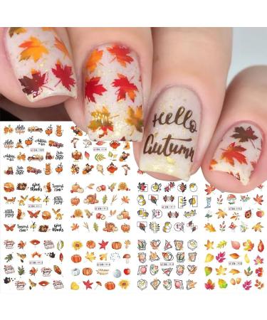 Fall Nail Stickers Thanksgiving Day Water Transfer Nail Decals Yellow Maple Leaves Fall Design Nail Art Stickers 12 Sheets Nail Art Supplies Cartoon Pumpkin Nail Art Decals for Women DIY Manicure Style8