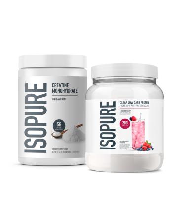 Isopure Bundle of Clear Whey Isolate Protein Powder Mixed Berry 16 Servings + Isopure 100% Pure Creatine Monohydrate Powder Unflavored 100 Servings