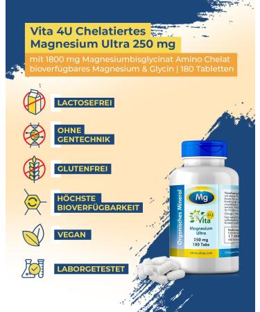 Vita 4u Magnesium Bisglycinate 1800 mg XXL Tablets 250 mg Elementary Magnesium Vegan & Laboratory Tested 180 Tablets - Buy Online on GoSupps.com