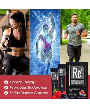 Re3 Electrolyte Powder Packets - Sugar-Free Low Calorie Vitamins & Minerals | Mixed Berry Flavor for Rehydration & Recovery - Buy Online on GoSupps.com