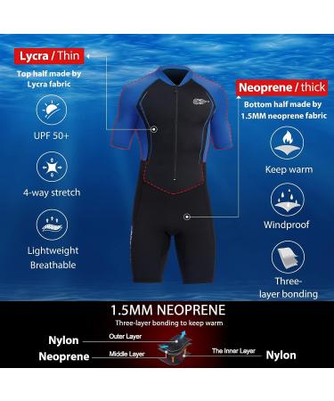 Lycra & 1.5MM Neoprene Front Zip Shorty Wetsuit by AONYIYI - Blue Large | Plus Size for Women & Men | Ideal for Swimming, Scuba Diving, Surfing | Spring/Summer Wetsuit - Buy Online on GoSupps.com