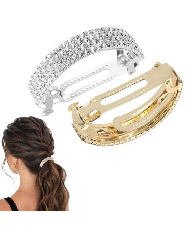 Boobeen 2 Pcs Rhinestone Metal Spring Hair Clip Ponytail Holder Hairpins Crystal Ponytail Buckle Clip Semicircle Crystal Bridal Hair Barrettes Accessories for Women Girls  Silver and Gold