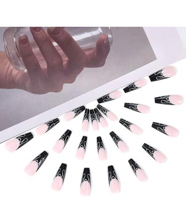 Coffin False Nails Long 24Pcs Black French Fake Nails with Flame Design - Nail Glue Included | Ballerina Stick-on Nail Art for Women and Girls - Buy Online on GoSupps.com