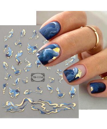 Nail Art Stickers Decals Golden Wave Line Nail Stickers 6Pcs Marble Blue Geometry Abstract Flowers Nail Art Sliders Decals Manicure 3D Self-Adhesive Nail Art Supplies French Nail Design Accessories