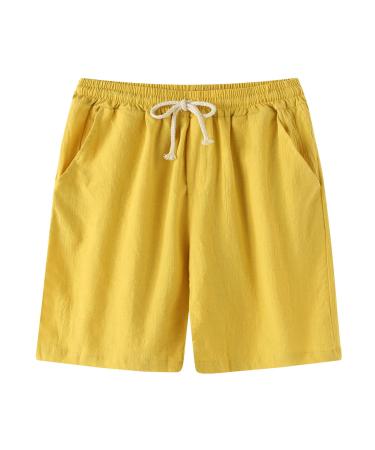 Loyalt Men's Fashion Casual Solid Color Cotton Linen Shorts Tie Cotton Linen Shorts Yellow Large