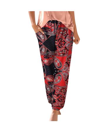 Women's Floral Print Boho Yoga Pants Hippie Tapered Loose Beach Trousers Drawstring High Rise Harem Joggers Sweatpants Red XX-Large