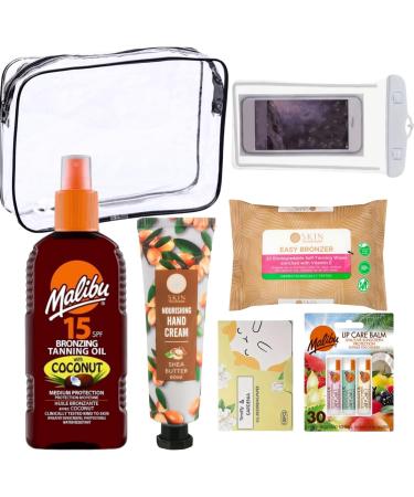 Summer Essentials Travel Toiletries with Spf 15 Bronzing Tanning Oil Lip Care Balm Spf 30 Nourishing Hand Cream Blotting Facial Tissue Self-Tanning Wipes and Waterproof Mobile Phone Bag