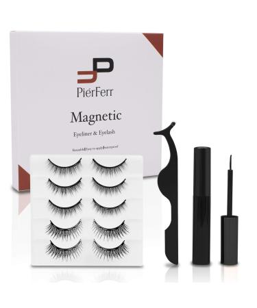 Pierferr |Magnetic eyelashes- with 2 eyeliner fake lashes 5 pairs magnet eyelashes- eyelashes magnetic naturally- magnetic lashes artificial eyelashes waterproof and reusable for everyday life