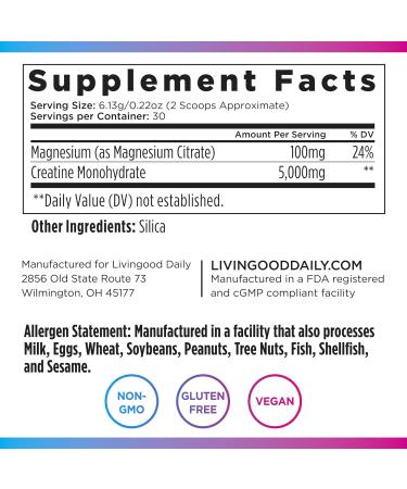 Livingood Daily Creatine + Magnesium Powder Unflavored | 5g Micronized Creatine Monohydrate with Magnesium for Energy Muscle Recovery & Performance | 30 Servings - Buy Online on GoSupps.com