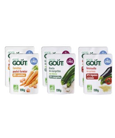 GOOD GO T - Set of 6 Ready Meals for Baby - 2x Zucchini Goat Cheese Risotto + 2x Carrots Chicken + 2x Ratatouille Quinoa - Fabr