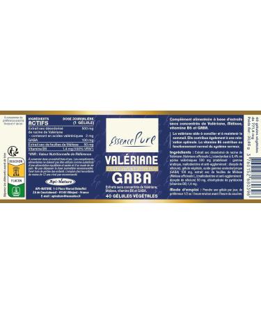 Valerian GABA Pure Essence. Natural relaxation for better sleep. Deodorized Valerian + Lemon Balm + GABA + Vitamin B6. Helps to fall asleep and maintain sleep. 40 Vegetable Capsules Api-Nature - Buy Online on GoSupps.com