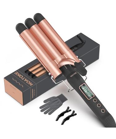 NOATOKE 3 Barrel Curling Iron 1inch Crimper Hair Tool with 16 Smart Digital LCD Temp Sets Fast Heating Dual Voltage Auto Shut-Off and Anti-Scald Tip for All Hair Types Long Lasting Curls