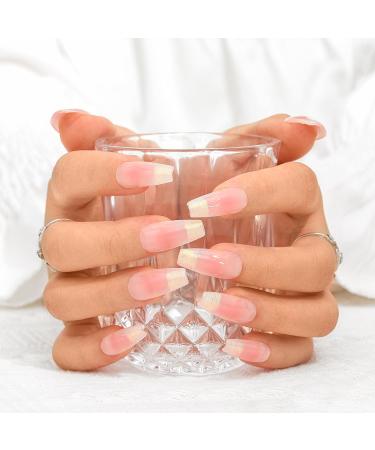 Sethexy French Long Coffin False Nails - Handmade Blushing Color Gradient Press-On Acrylic Glitter Nails for Women & Girls | Salon Quality - Buy Online on GoSupps.com