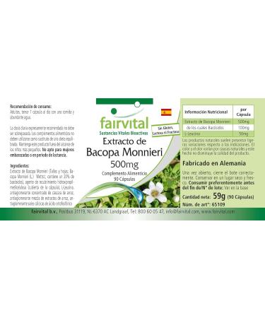 Fairvital Bacopa Monnieri Extract 500mg Brahmi Capsules - Vegan Formula Without Magnesium Stearate | 90 Capsules - Buy Online on GoSupps.com