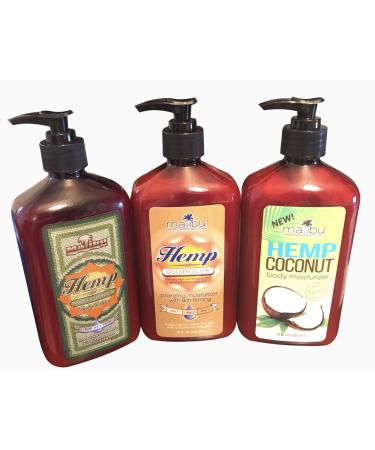 Malibu Tan Variation 18fl. oz. Hemp Body Moisturizing Coconut Body Moisturizing and Golden Glod Skin Firming Bronzing Tanning Package 3 Pack