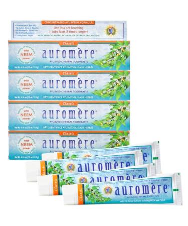 Auromere Ayurvedic Herbal Toothpaste Classic Licorice Flavor - Vegan Natural Non GMO Fluoride Free Gluten Free with Neem & Peelu (4.16 oz) 4 Pack 4.16 Ounce (Pack of 4)