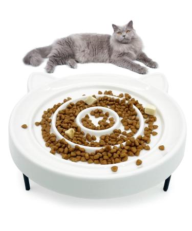 Fhiny Ceramic Slow Feeder Cat Bowl, Elevated Cats Slow Feeding Bowls with Stand, Raised Puzzle Dish Whisker Stress Free Bloat Stop Feeder for Indoor Small Animals Dogs Puppy Healthy Eating Diet
