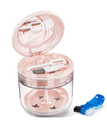 Denture Cups for Soaking Dentures with Strainer Basket Portable Denture Case Box & Retainer Cleaner Case with Denture Brush and Mirror No-Leak Denture Holder for Travel (Pink)