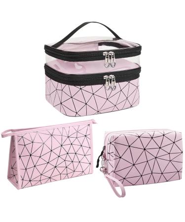 Mikytoper Makeup Bags 3 PCS Double Layer Cosmetic Bag + 2 Make Up Bags with Diamond Pattern Travel Toiletry Bags for Men and Women (Pink)
