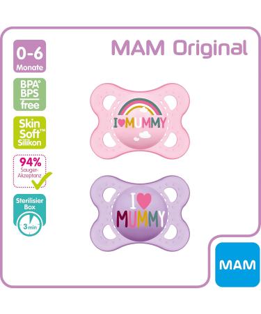 Buy MAM Original Silicone Pacifier Set 0-6 Months | Tooth-Friendly Baby Pacifiers with Box - I Love Mummy Pink & Rainbow Design - Buy Online on GoSupps.com