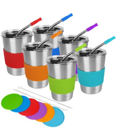 Kids Cups with Straw and Lid Spill Proof 304 Stainless Steel Drinking Tumbler with Coasters Unbreakable Water Glasses BPA-Free Metal Sippy Mug for Toddler Children Adult Travel Cups (6Pack)
