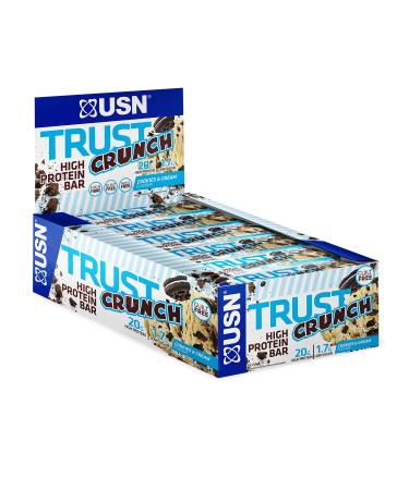 USN Trust Crunch Cookies & Cream Protein Bars: Indulgent and Filling High Protein Snacks - 20g Protein Per Bar (12 x 60g Bars) Cookies And Cream