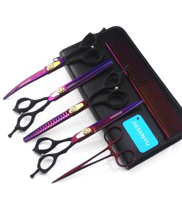 JIESENYU 7.0 in. Pro Pet Grooming Scissors Sharp Edges Cutting +Curved + 2thinning Scissors 4 PCS Set for Dog Grooming (Purple)