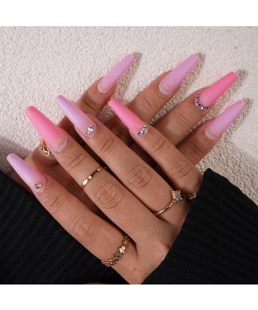 Xerling Bling Glitter Nails Press on False Nails with Designs Butterfly Crystal Fake Nails Rhinestones Glossy Matte Coffin Nails Full Cover Stilletto Tips for Women Girls 24Pcs (Pattern A)
