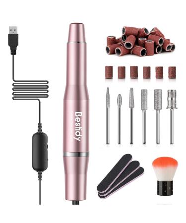 Bestidy Best Gift Electric Nail Drill Kit, USB Manicure Pen Sander Polisher with 6 Pieces Changeable Drills and Sand Bands for Exfoliating, Polishing, Nail Removing, Acrylic Nail Tools (A-Pink)