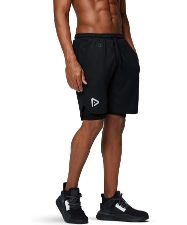 Pinkbomb Men's 2 in 1 Running Shorts - Quick Dry Gym Workout Shorts with Phone Pocket | Black - Large - Buy Online on GoSupps.com