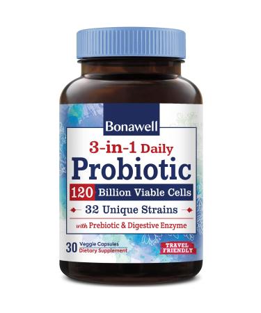 Bonawell Probiotics 120 Billion CFU 32 Strains with Prebiotics, Digestive Enzymes for Gut Health, 3-in-1 Daily Probiotic, Shelf-Stable, Delayed-Release, 30 Veggie Caps